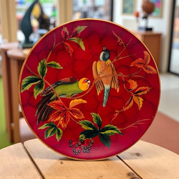 Other - Vintage Decorative Red Plate with Hand-Painted Birds & Leaves –10”Display Plate